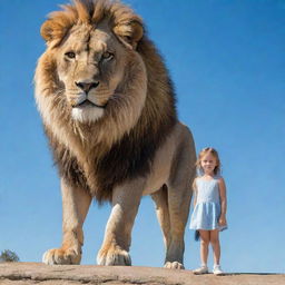 A brave little girl standing next to a majestic lion under a clear blue sky.