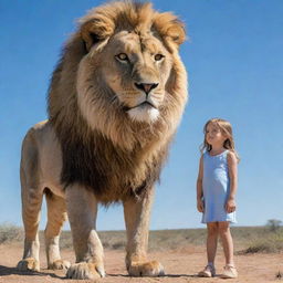 A brave little girl standing next to a majestic lion under a clear blue sky.