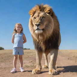 A brave little girl standing next to a majestic lion under a clear blue sky.