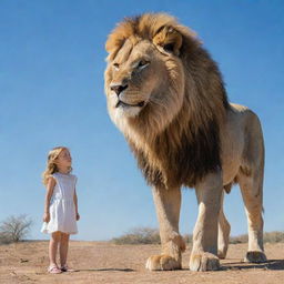 A brave little girl standing next to a majestic lion under a clear blue sky.