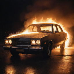 A car in flames with sparks flying against a dark, ominous background