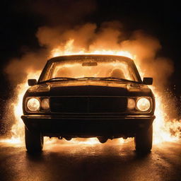 A car in flames with sparks flying against a dark, ominous background