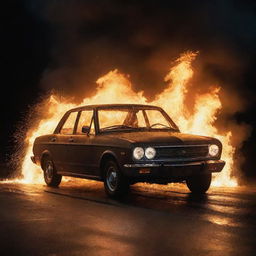 A car in flames with sparks flying against a dark, ominous background