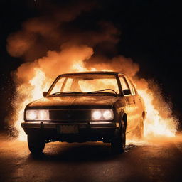 A car in flames with sparks flying against a dark, ominous background