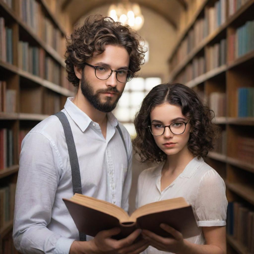 A fantasy-inspired library harboring a curious, short, curly-haired boy with a black beard and rimmed glasses, alongside a beautiful girl with sleek, straight hair engrossed in books.