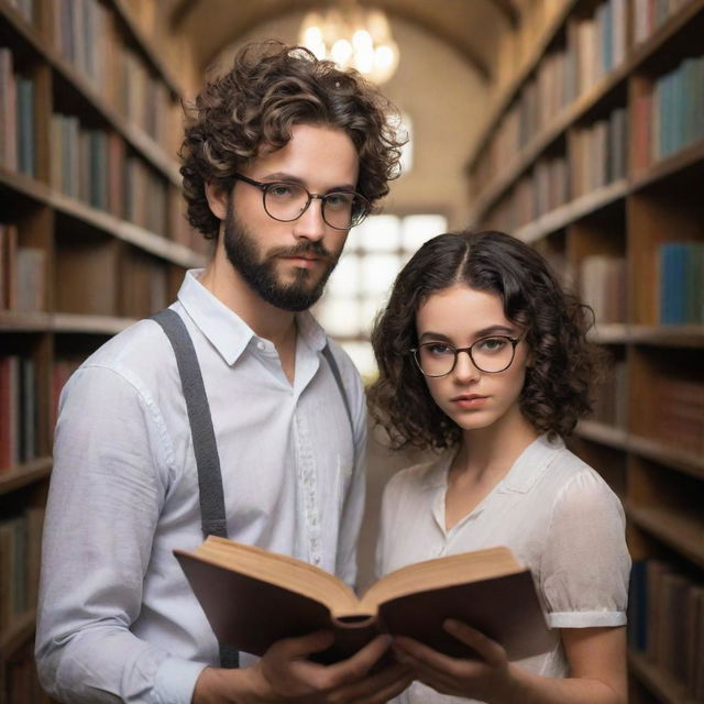 A fantasy-inspired library harboring a curious, short, curly-haired boy with a black beard and rimmed glasses, alongside a beautiful girl with sleek, straight hair engrossed in books.