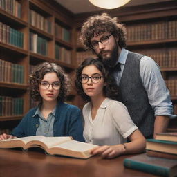 A fantasy-inspired library harboring a curious, short, curly-haired boy with a black beard and rimmed glasses, alongside a beautiful girl with sleek, straight hair engrossed in books.