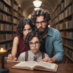 A fantasy-inspired library harboring a curious, short, curly-haired boy with a black beard and rimmed glasses, alongside a beautiful girl with sleek, straight hair engrossed in books.