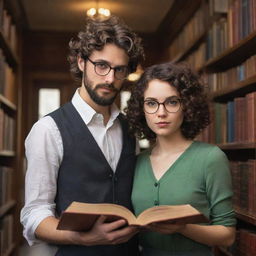 A fantasy-inspired library harboring a curious, short, curly-haired boy with a black beard and rimmed glasses, alongside a beautiful girl with sleek, straight hair engrossed in books.