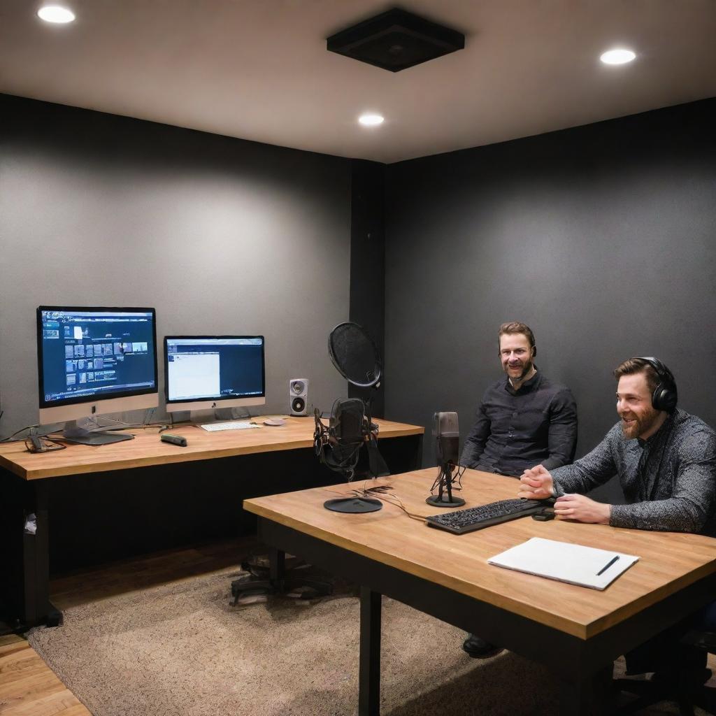 A dynamic scene of a modern podcast recording studio with hosts engaging in conversation; includes advanced recording equipment, a comfortable environment and a visible logo of the podcast on the wall.