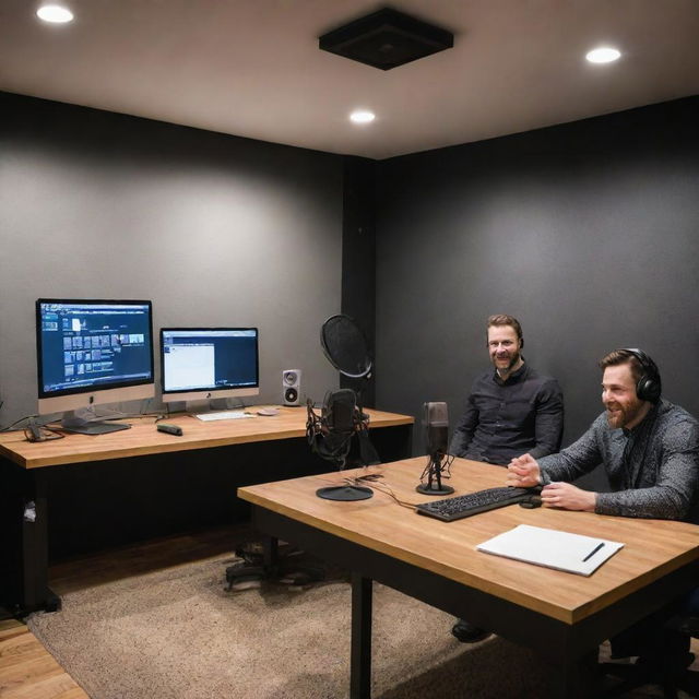 A dynamic scene of a modern podcast recording studio with hosts engaging in conversation; includes advanced recording equipment, a comfortable environment and a visible logo of the podcast on the wall.