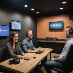 A dynamic scene of a modern podcast recording studio with hosts engaging in conversation; includes advanced recording equipment, a comfortable environment and a visible logo of the podcast on the wall.