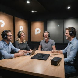 A dynamic scene of a modern podcast recording studio with hosts engaging in conversation; includes advanced recording equipment, a comfortable environment and a visible logo of the podcast on the wall.