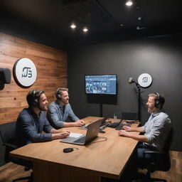 A dynamic scene of a modern podcast recording studio with hosts engaging in conversation; includes advanced recording equipment, a comfortable environment and a visible logo of the podcast on the wall.