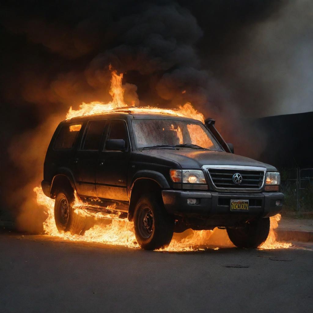 Government vehicle enveloped in intense flames against a dark, ominous background