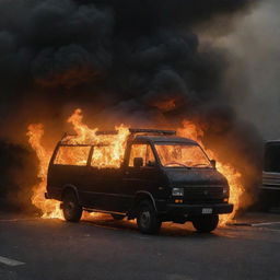 Government vehicle enveloped in intense flames against a dark, ominous background