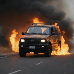 Government vehicle enveloped in intense flames against a dark, ominous background