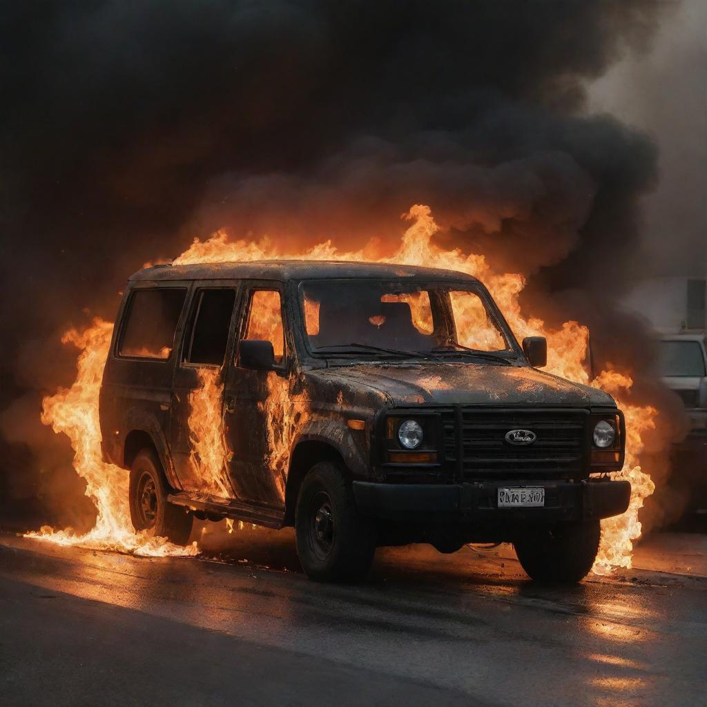 Government vehicle enveloped in intense flames against a dark, ominous background