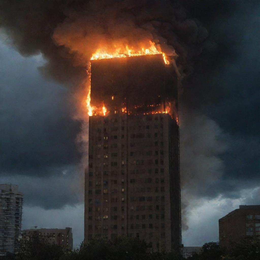 A tall building engulfed in raging flames against a dark, stormy night sky