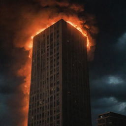 A tall building engulfed in raging flames against a dark, stormy night sky