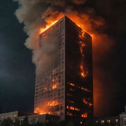 A tall building engulfed in raging flames against a dark, stormy night sky