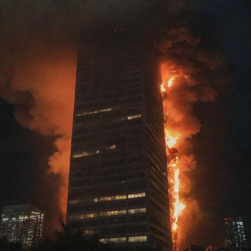 A tall building engulfed in raging flames against a dark, stormy night sky