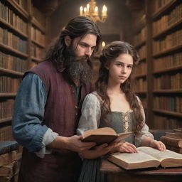 A grand fantasy library filled with magical books, where a sloppy-haired boy with a black beard and a beautiful girl with smooth hair explore the mystical literature together.