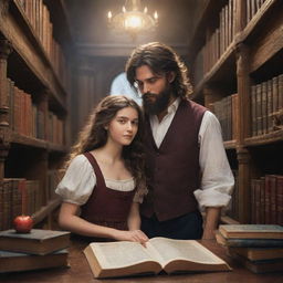 A grand fantasy library filled with magical books, where a sloppy-haired boy with a black beard and a beautiful girl with smooth hair explore the mystical literature together.