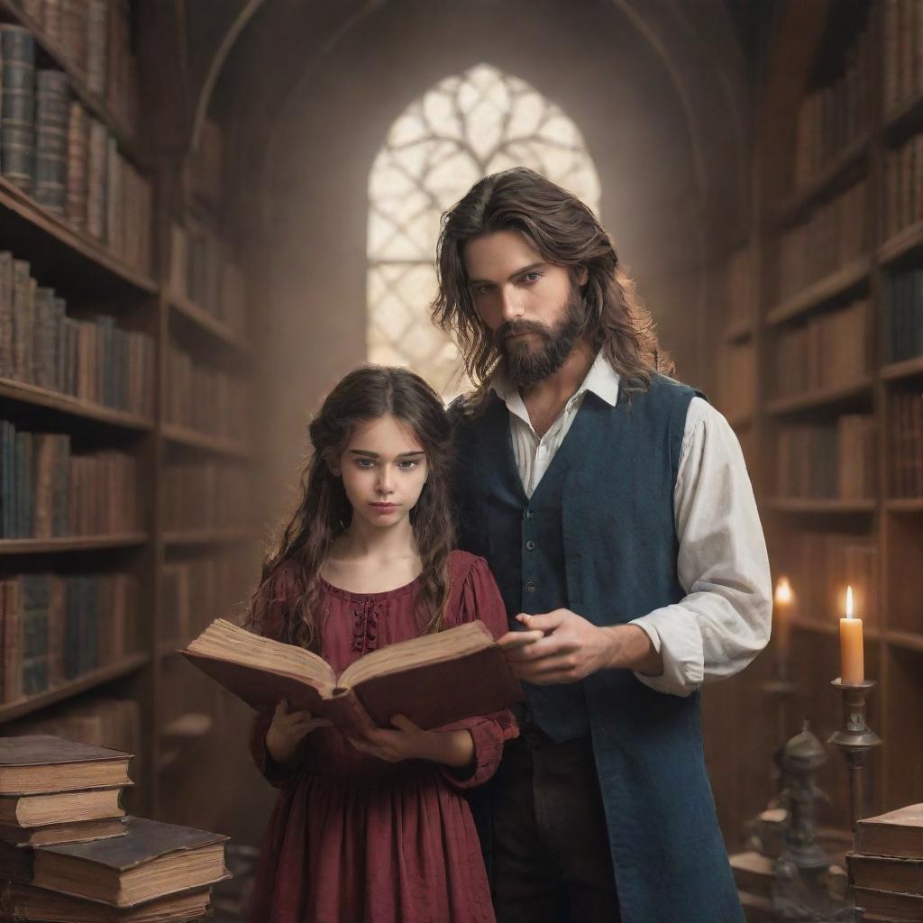 A grand fantasy library filled with magical books, where a sloppy-haired boy with a black beard and a beautiful girl with smooth hair explore the mystical literature together.