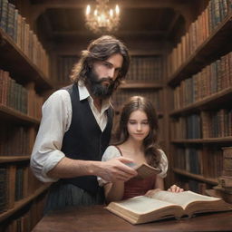 A grand fantasy library filled with magical books, where a sloppy-haired boy with a black beard and a beautiful girl with smooth hair explore the mystical literature together.