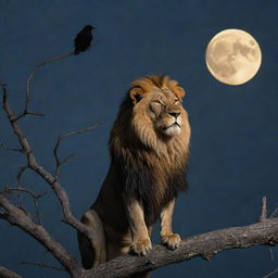 A majestic lion with its golden mane under a dark moonlit sky, with a crow perched stoically above it on a barren tree branch.