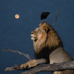 A majestic lion with its golden mane under a dark moonlit sky, with a crow perched stoically above it on a barren tree branch.