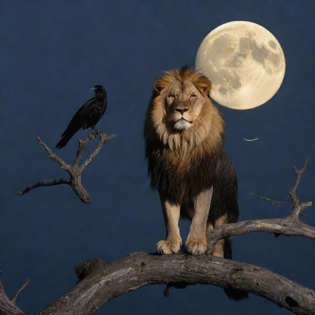 A majestic lion with its golden mane under a dark moonlit sky, with a crow perched stoically above it on a barren tree branch.