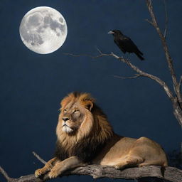 A majestic lion with its golden mane under a dark moonlit sky, with a crow perched stoically above it on a barren tree branch.