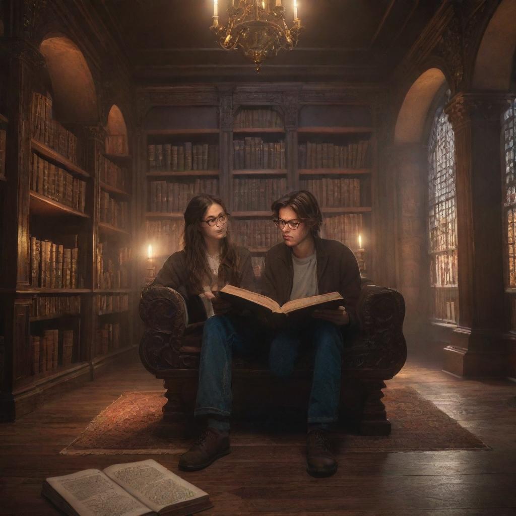 A fantasy-style library filled with towering bookshelves, mystical artifacts, and ambient lighting. Inside, a boy with unkempt hair and glasses is reading, alongside a beautiful girl with smooth, shiny hair, engrossed in her own book.