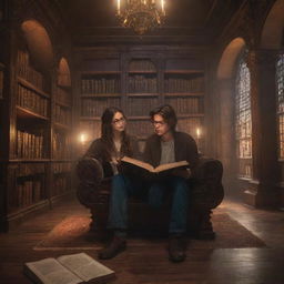 A fantasy-style library filled with towering bookshelves, mystical artifacts, and ambient lighting. Inside, a boy with unkempt hair and glasses is reading, alongside a beautiful girl with smooth, shiny hair, engrossed in her own book.