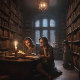 A fantasy-style library filled with towering bookshelves, mystical artifacts, and ambient lighting. Inside, a boy with unkempt hair and glasses is reading, alongside a beautiful girl with smooth, shiny hair, engrossed in her own book.