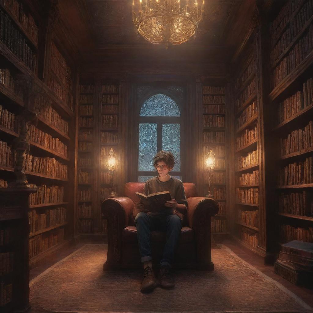 A fantasy-style library filled with towering bookshelves, mystical artifacts, and ambient lighting. Inside, a boy with unkempt hair and glasses is reading, alongside a beautiful girl with smooth, shiny hair, engrossed in her own book.