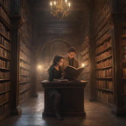 A fantasy-style library filled with towering bookshelves, mystical artifacts, and ambient lighting. Inside, a boy with unkempt hair and glasses is reading, alongside a beautiful girl with smooth, shiny hair, engrossed in her own book.