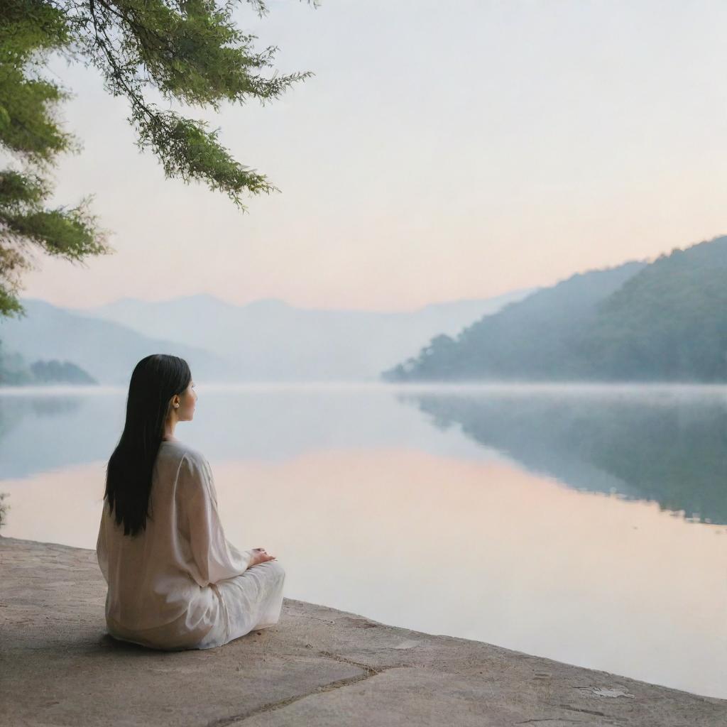 Generate an image with a single person placed in a serene and peaceful backdrop.