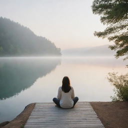 Generate an image with a single person placed in a serene and peaceful backdrop.