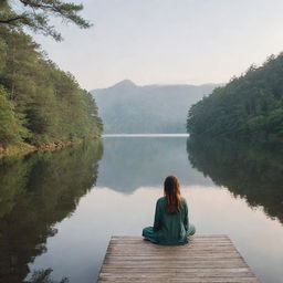 Generate an image with a single person placed in a serene and peaceful backdrop.