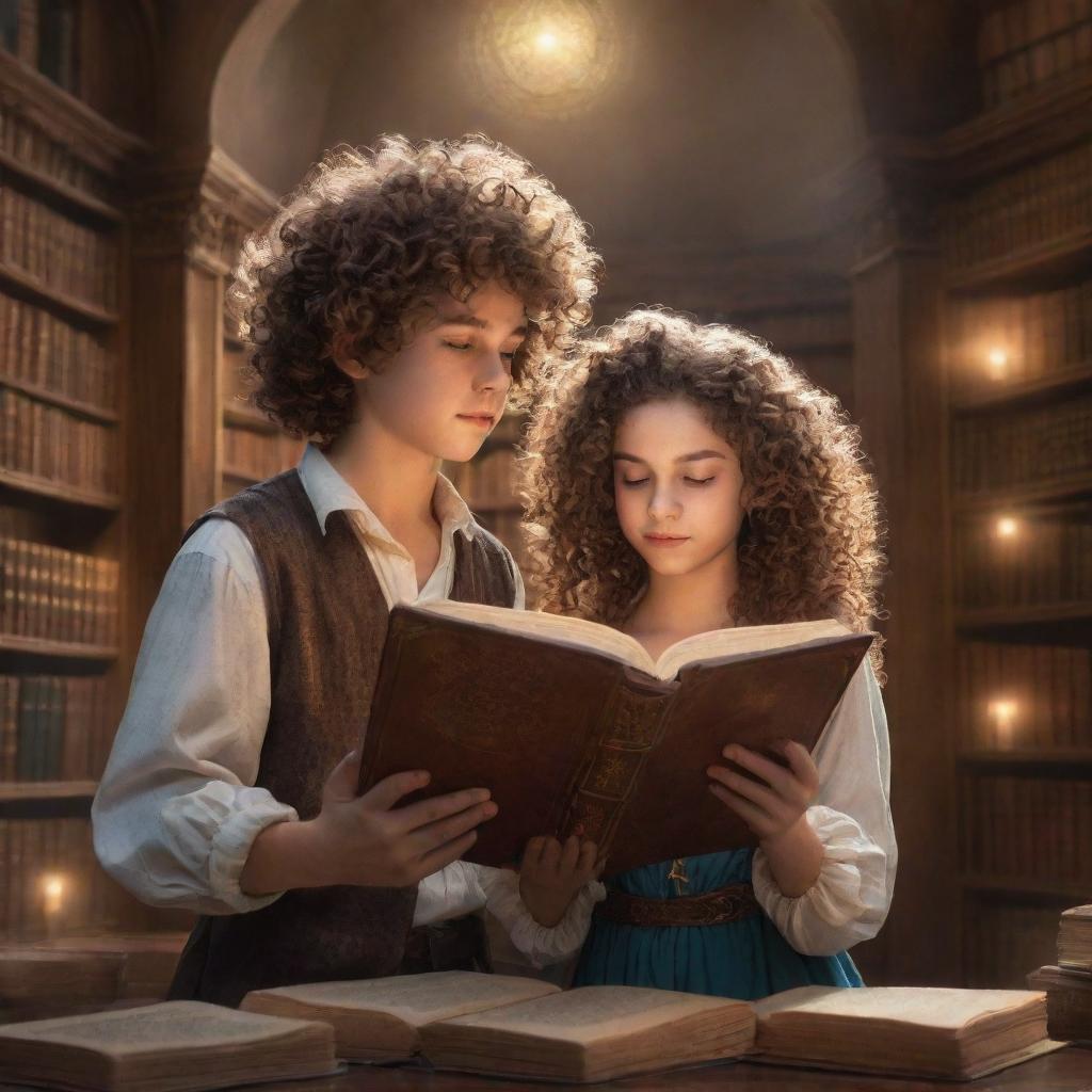 A fantastical library with grand bookshelves, ancient scrolls, and glowing orbs of light. A curly-haired boy, engrossed in a thick tome, shares space with a beautiful girl, her smooth, shining hair cascading as she reads intently.