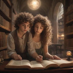 A fantastical library with grand bookshelves, ancient scrolls, and glowing orbs of light. A curly-haired boy, engrossed in a thick tome, shares space with a beautiful girl, her smooth, shining hair cascading as she reads intently.