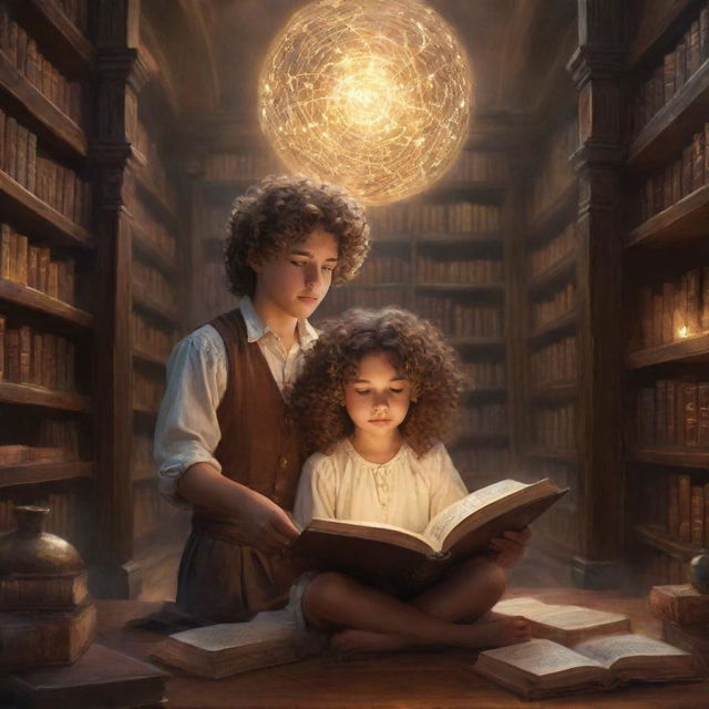 A fantastical library with grand bookshelves, ancient scrolls, and glowing orbs of light. A curly-haired boy, engrossed in a thick tome, shares space with a beautiful girl, her smooth, shining hair cascading as she reads intently.