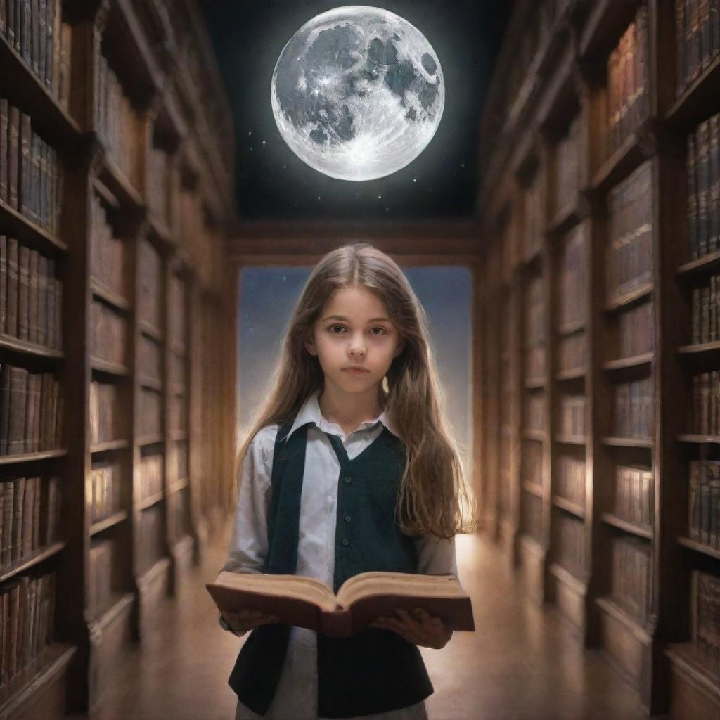 An expansive, magical library with vast bookshelves, mystical tomes, and enchanted full moons illuminating the room. Inside is a handsome boy, his eyes filled with curiosity, alongside a beautiful girl with sleek, smooth hair, both are immersed in the world of books.