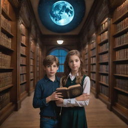 An expansive, magical library with vast bookshelves, mystical tomes, and enchanted full moons illuminating the room. Inside is a handsome boy, his eyes filled with curiosity, alongside a beautiful girl with sleek, smooth hair, both are immersed in the world of books.