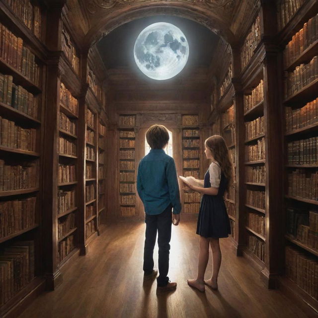 An expansive, magical library with vast bookshelves, mystical tomes, and enchanted full moons illuminating the room. Inside is a handsome boy, his eyes filled with curiosity, alongside a beautiful girl with sleek, smooth hair, both are immersed in the world of books.