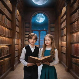 An expansive, magical library with vast bookshelves, mystical tomes, and enchanted full moons illuminating the room. Inside is a handsome boy, his eyes filled with curiosity, alongside a beautiful girl with sleek, smooth hair, both are immersed in the world of books.