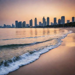 A scenic view of Jakarta city skyline with the beach in the foreground at sunset, the city lights reflecting on the peaceful sea.